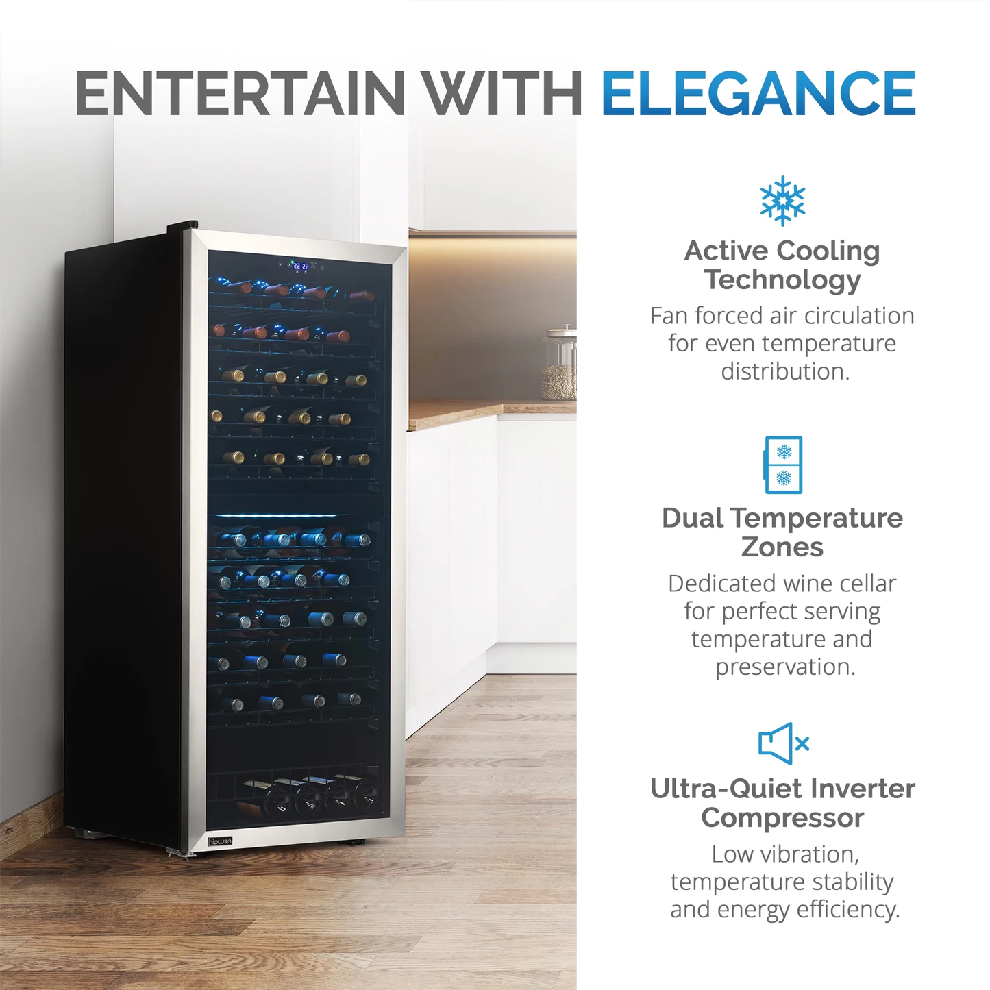 Freestanding Wine Refrigerator, 98 Bottle Dual Zone Compressor Wine Fridge in Stainless Steel