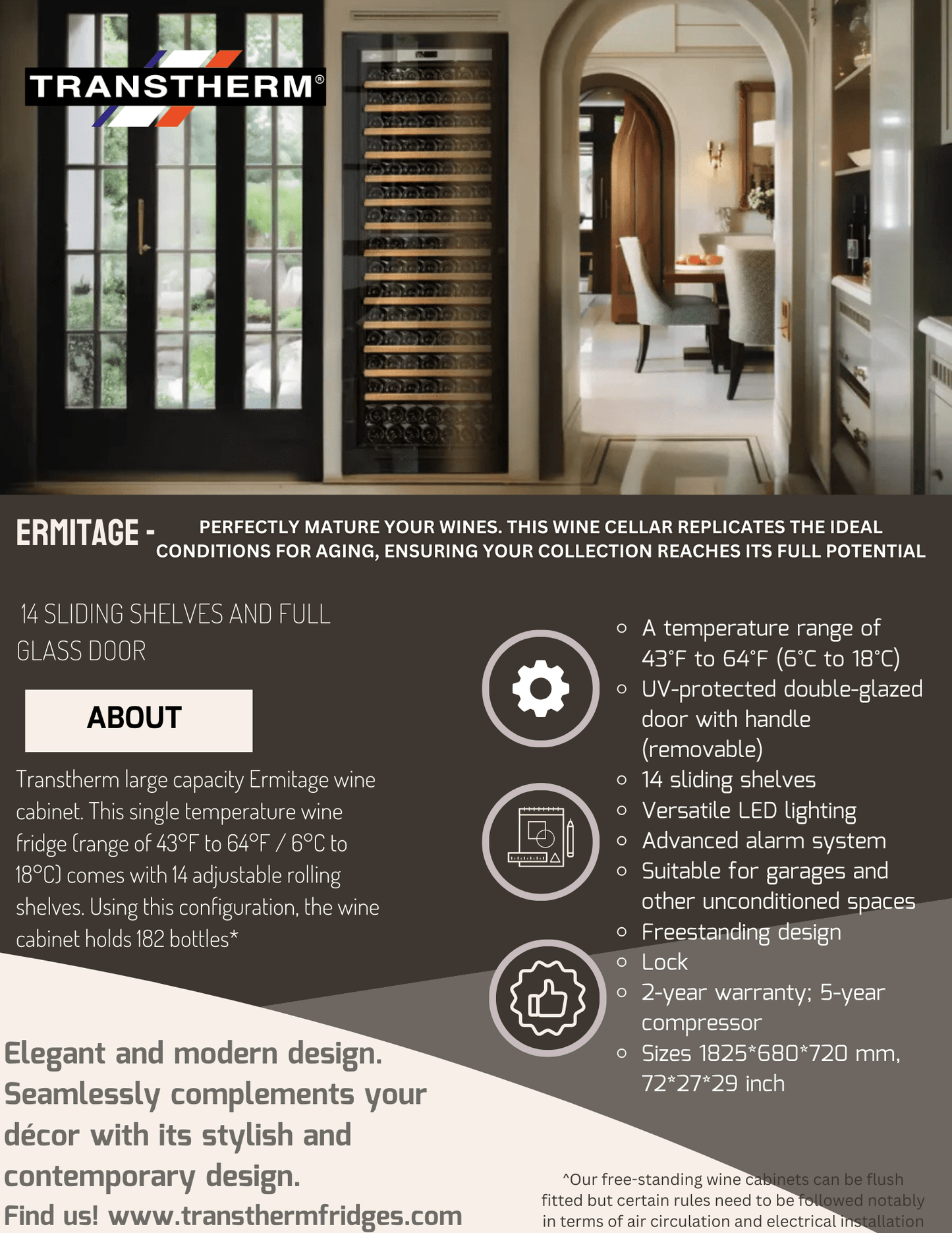 Transtherm Ermitage Single-Zone 182-Bottle Wine Refrigerator (Model ER1TGV3-013-US)