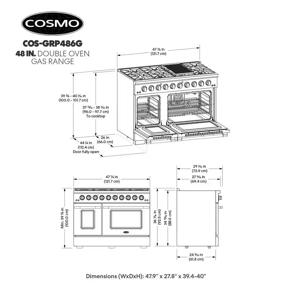 48 In. Vista Collection 5.5 Cu. Ft. Double Oven Gas Range, 8 Burners, LED Panel, Cast Iron Grates, Stainless Steel