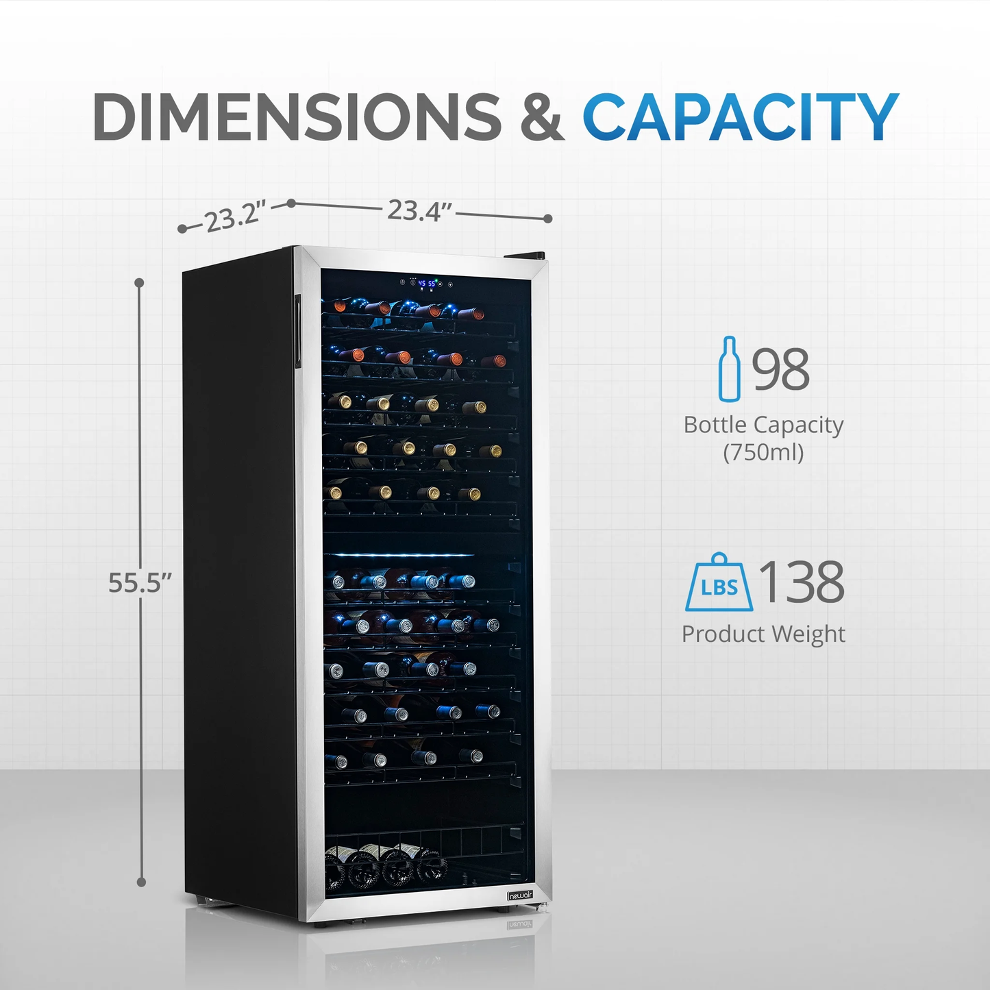 Freestanding Wine Refrigerator, 98 Bottle Dual Zone Compressor Wine Fridge in Stainless Steel