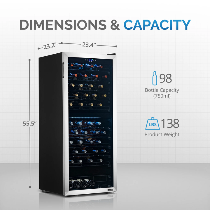 Freestanding Wine Refrigerator, 98 Bottle Dual Zone Compressor Wine Fridge in Stainless Steel