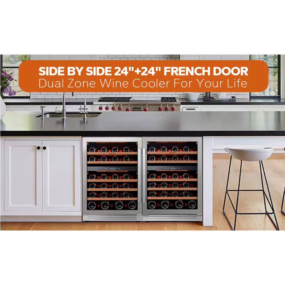 48 In. Quad Zone Cellar Cooling Unit 92-Bottles Built- in Wine Cooler Side-By-Side Refrigerator Mini Fridge in Black