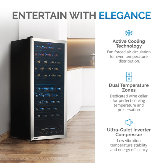 Freestanding Wine Refrigerator, 98 Bottle Dual Zone Compressor Wine Fridge in Stainless Steel