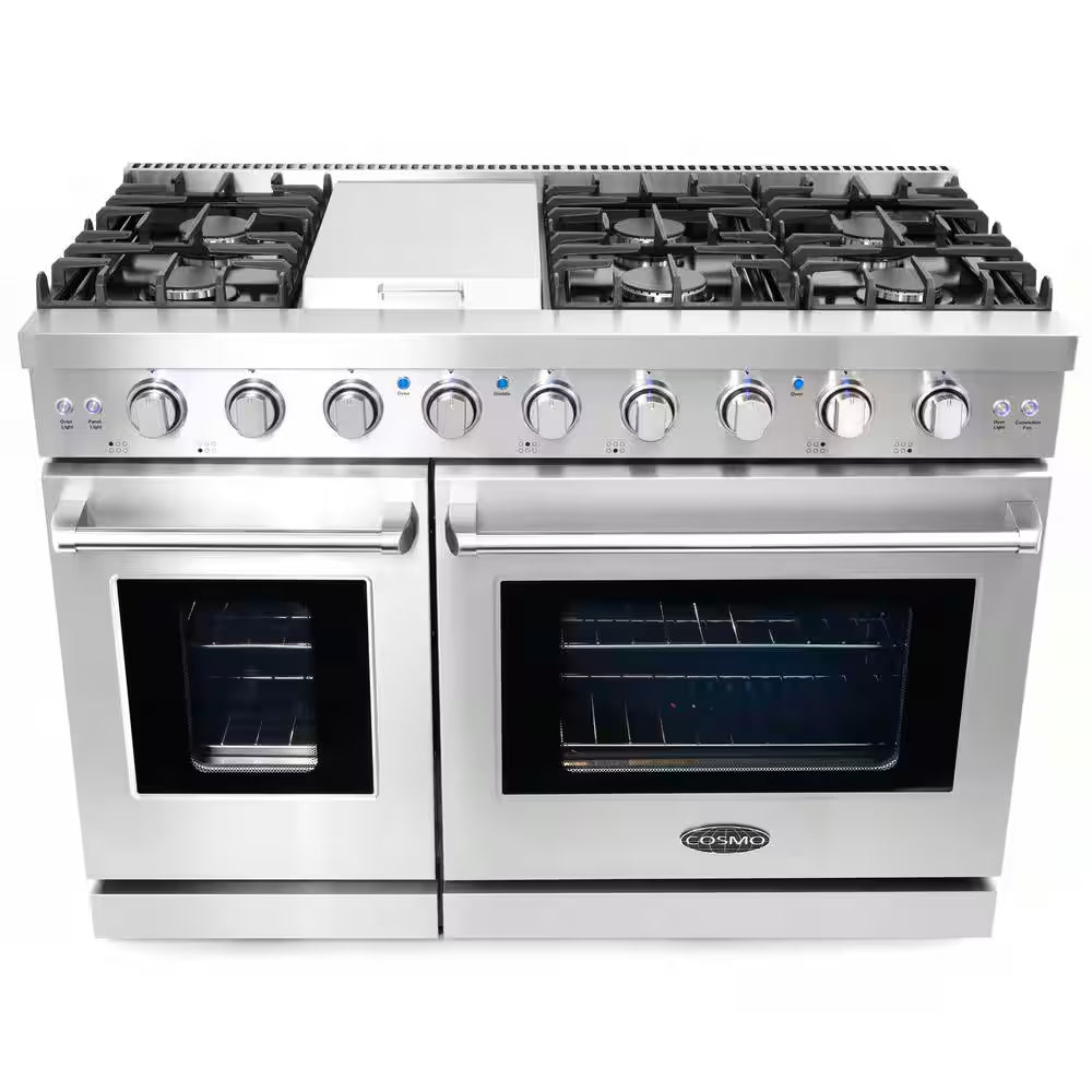 48 In. Haven Collection 7 Cu. Ft. Double Oven Gas Range, 6-Burners, Griddle, Convection, Knob Leds, Stainless Steel