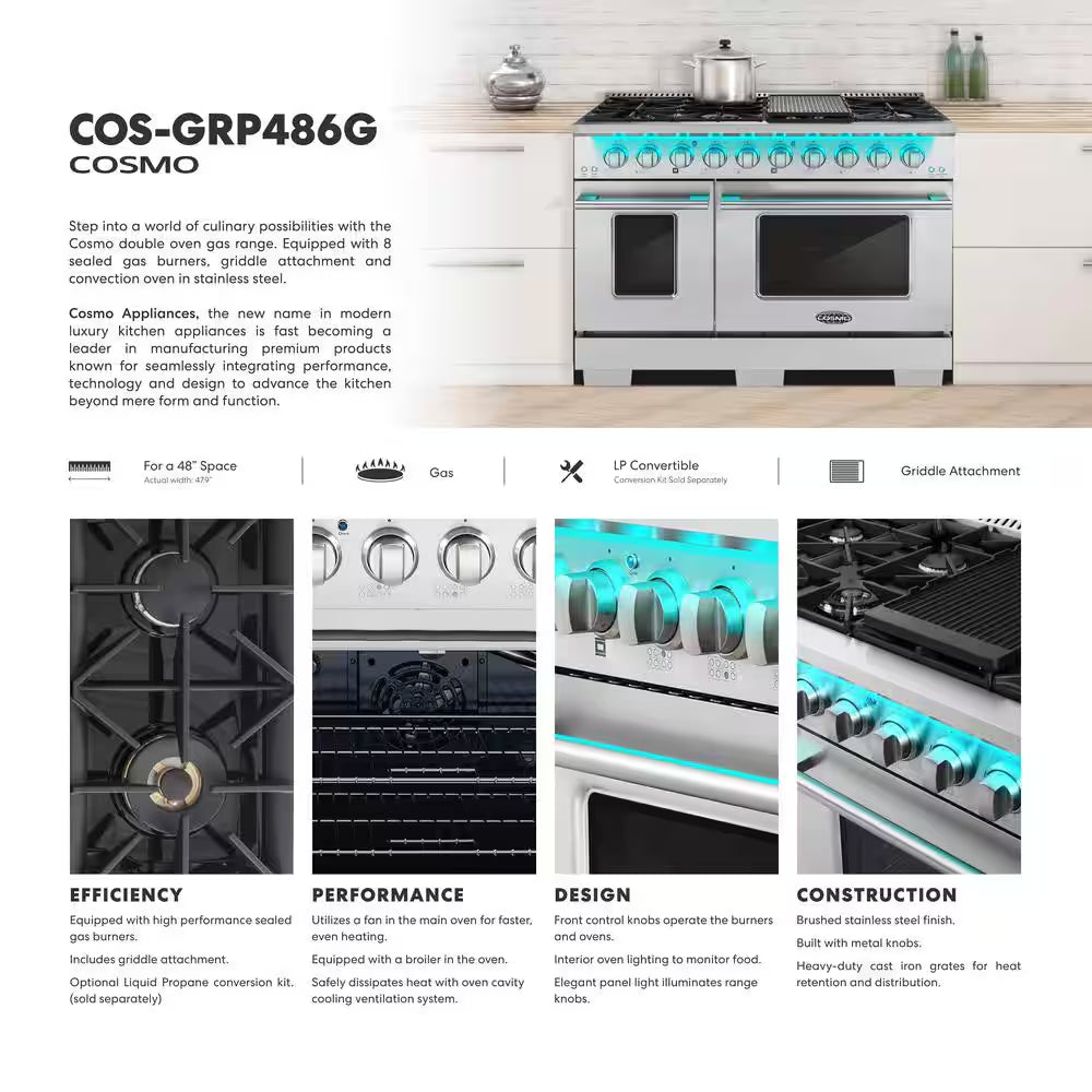 48 In. Vista Collection 5.5 Cu. Ft. Double Oven Gas Range, 8 Burners, LED Panel, Cast Iron Grates, Stainless Steel