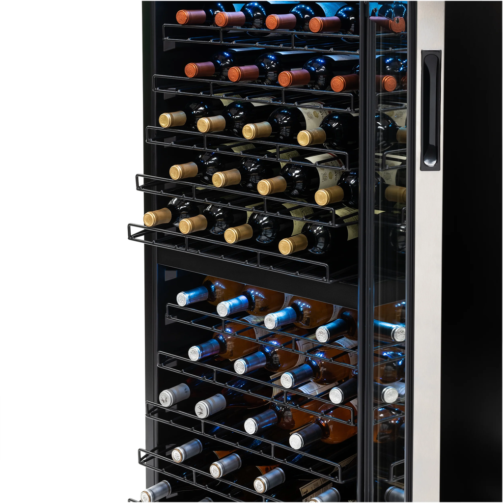 Freestanding Wine Refrigerator, 98 Bottle Dual Zone Compressor Wine Fridge in Stainless Steel