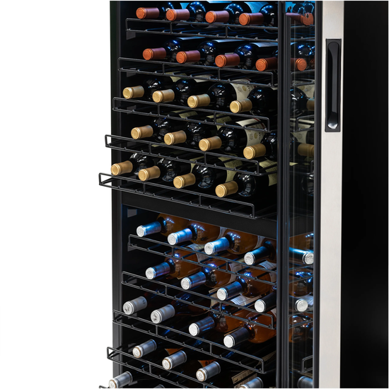 Freestanding Wine Refrigerator, 98 Bottle Dual Zone Compressor Wine Fridge in Stainless Steel