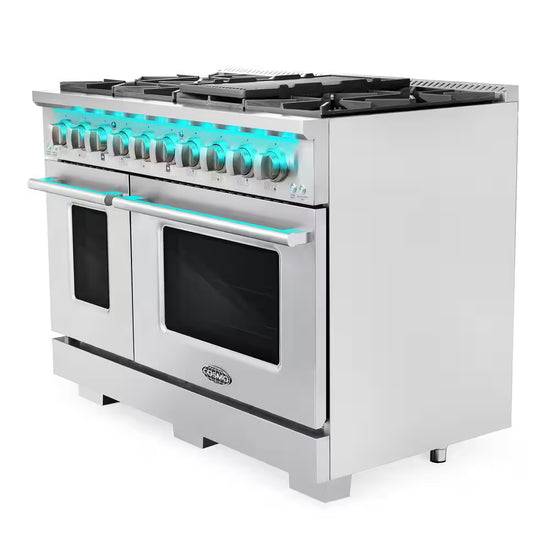 48 In. Vista Collection 5.5 Cu. Ft. Double Oven Gas Range, 8 Burners, LED Panel, Cast Iron Grates, Stainless Steel