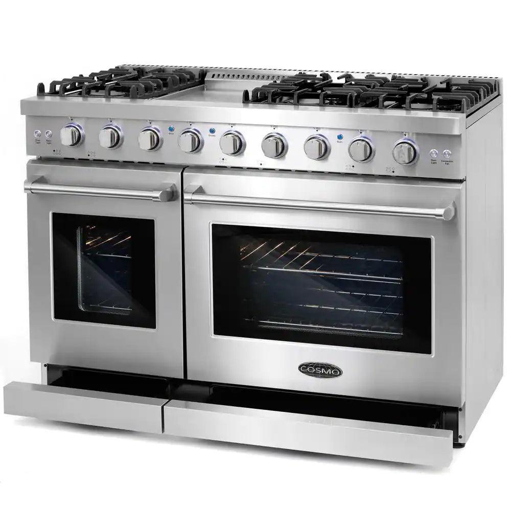 48 In. Haven Collection 7 Cu. Ft. Double Oven Gas Range, 6-Burners, Griddle, Convection, Knob Leds, Stainless Steel