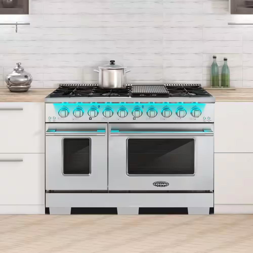 48 In. Vista Collection 5.5 Cu. Ft. Double Oven Gas Range, 8 Burners, LED Panel, Cast Iron Grates, Stainless Steel