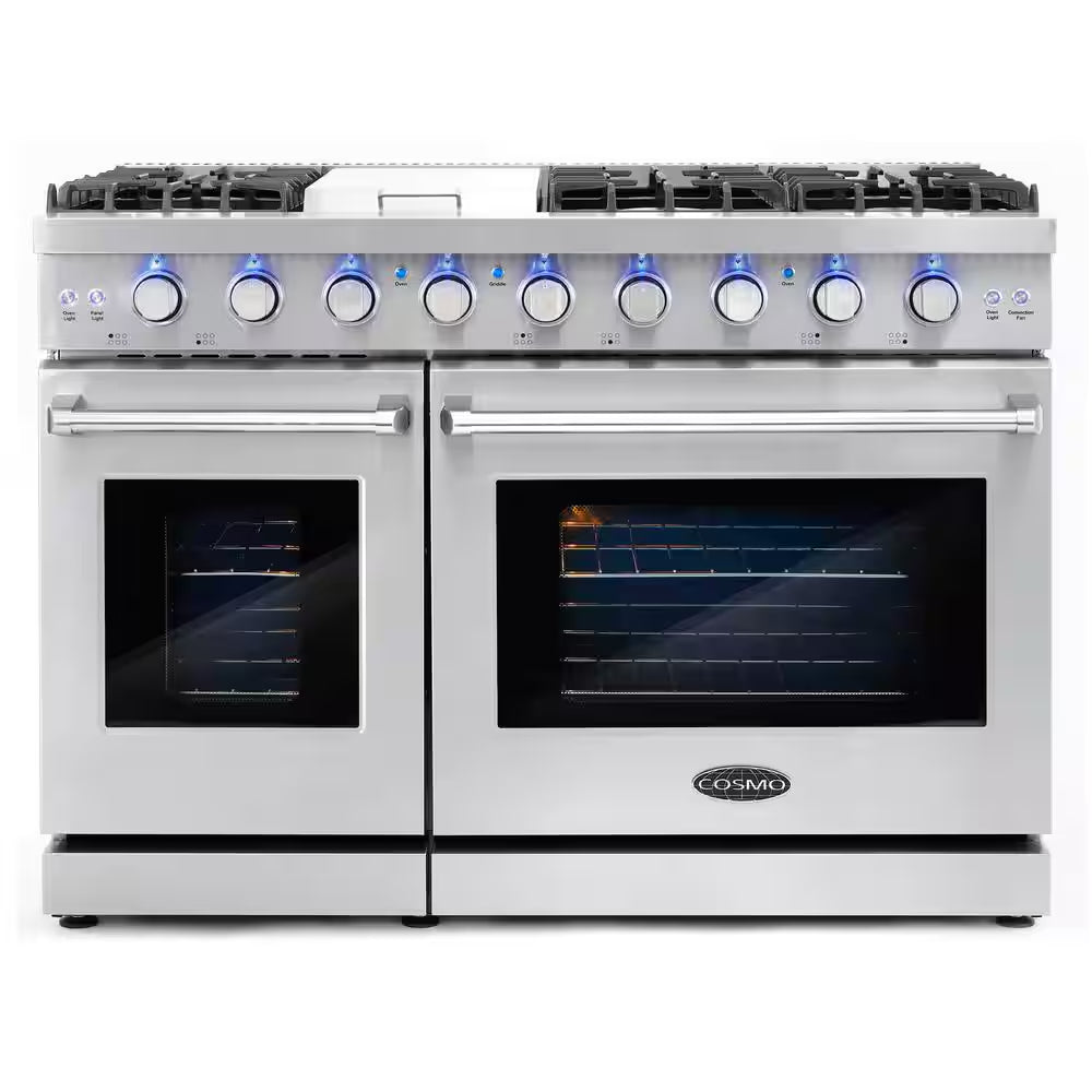 48 In. Haven Collection 7 Cu. Ft. Double Oven Gas Range, 6-Burners, Griddle, Convection, Knob Leds, Stainless Steel