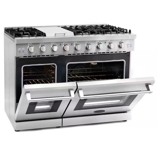48 In. Haven Collection 7 Cu. Ft. Double Oven Gas Range, 6-Burners, Griddle, Convection, Knob Leds, Stainless Steel