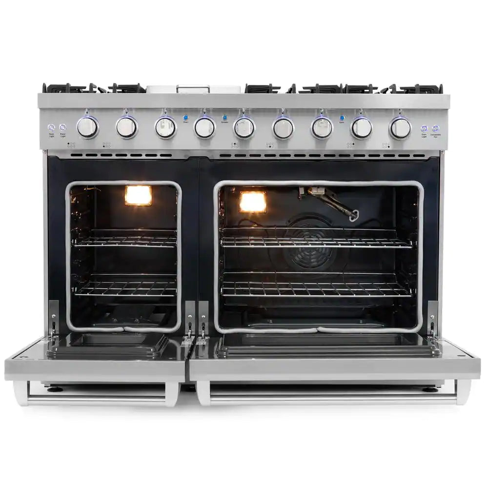 48 In. Haven Collection 7 Cu. Ft. Double Oven Gas Range, 6-Burners, Griddle, Convection, Knob Leds, Stainless Steel