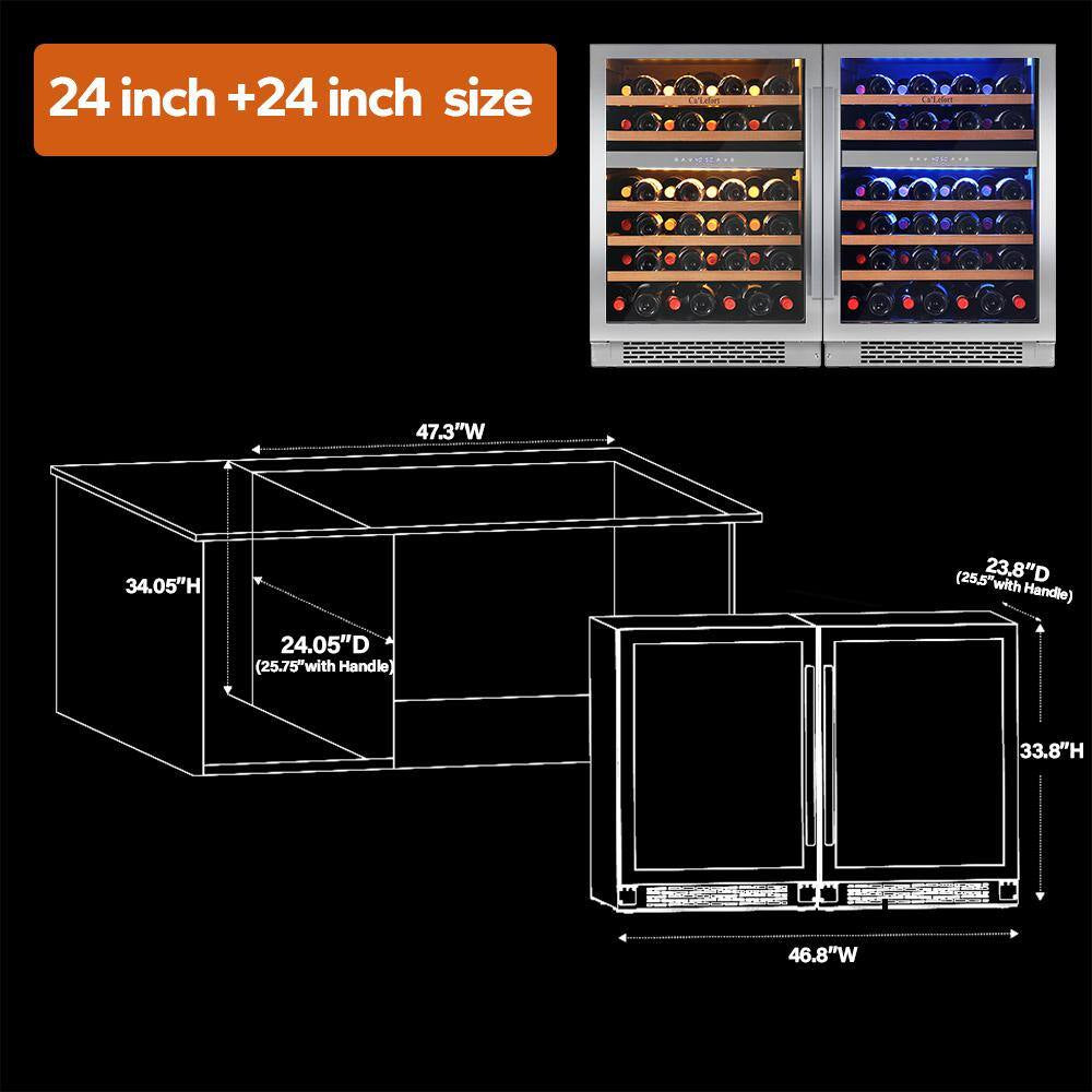 48 In. Quad Zone Cellar Cooling Unit 92-Bottles Built- in Wine Cooler Side-By-Side Refrigerator Mini Fridge in Black