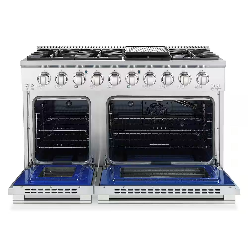 48 In. Vista Collection 5.5 Cu. Ft. Double Oven Gas Range, 8 Burners, LED Panel, Cast Iron Grates, Stainless Steel