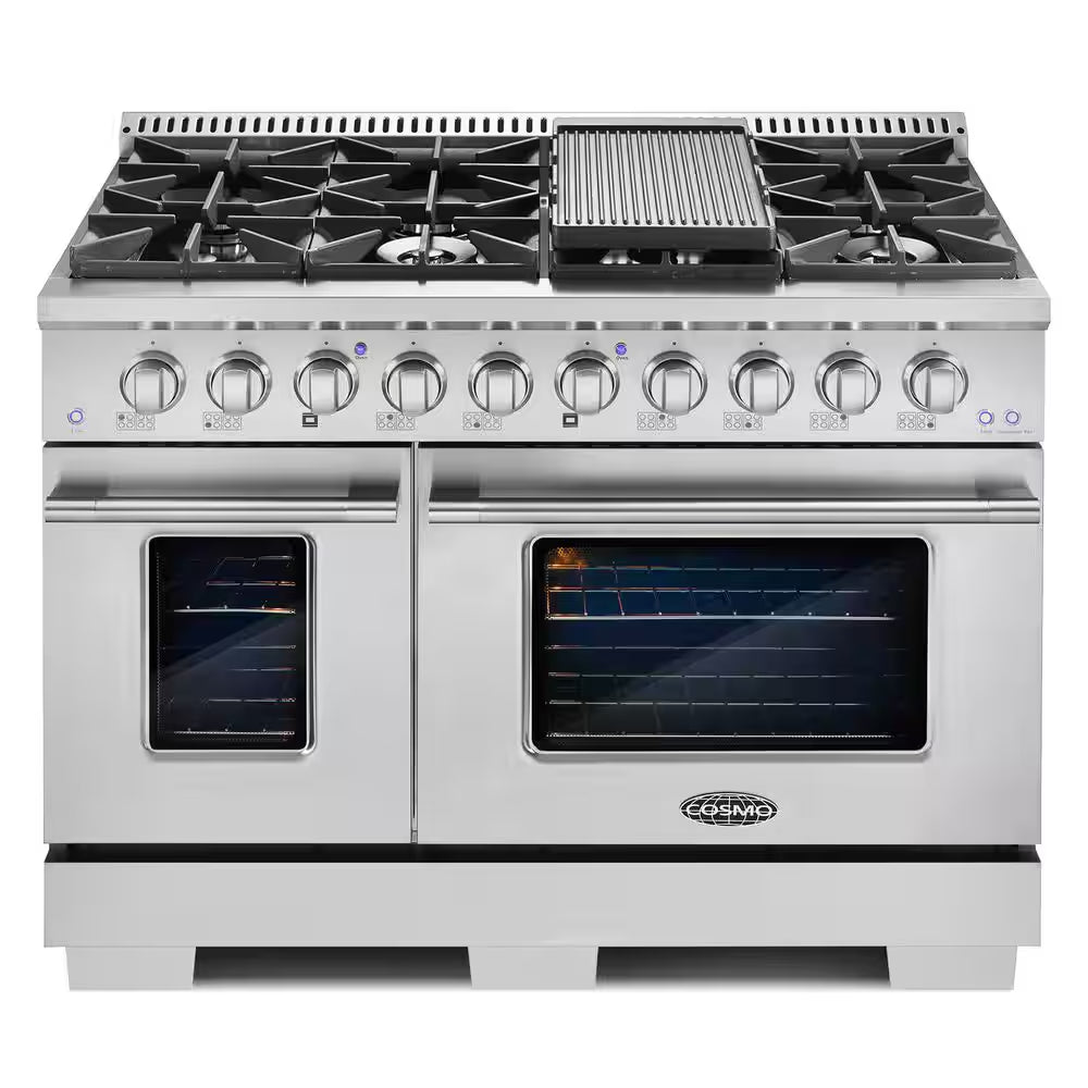 48 In. Vista Collection 5.5 Cu. Ft. Double Oven Gas Range, 8 Burners, LED Panel, Cast Iron Grates, Stainless Steel