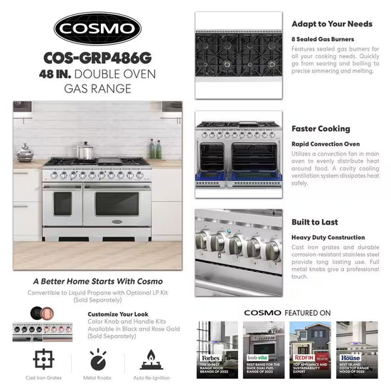 48 In. Vista Collection 5.5 Cu. Ft. Double Oven Gas Range, 8 Burners, LED Panel, Cast Iron Grates, Stainless Steel