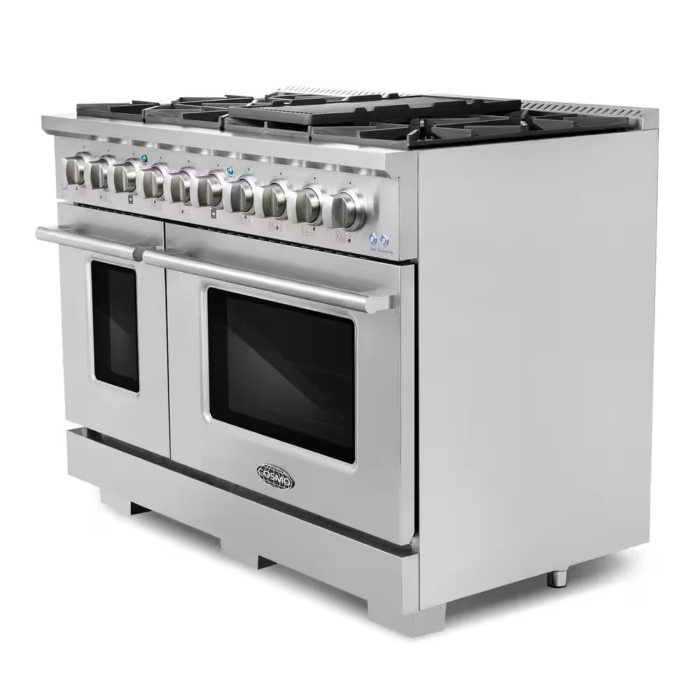 48 In. Vista Collection 5.5 Cu. Ft. Double Oven Gas Range, 8 Burners, LED Panel, Cast Iron Grates, Stainless Steel